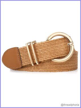 Women's Straw Woven Elastic Belt Raffia Boho Waist Belt Gold Buckle